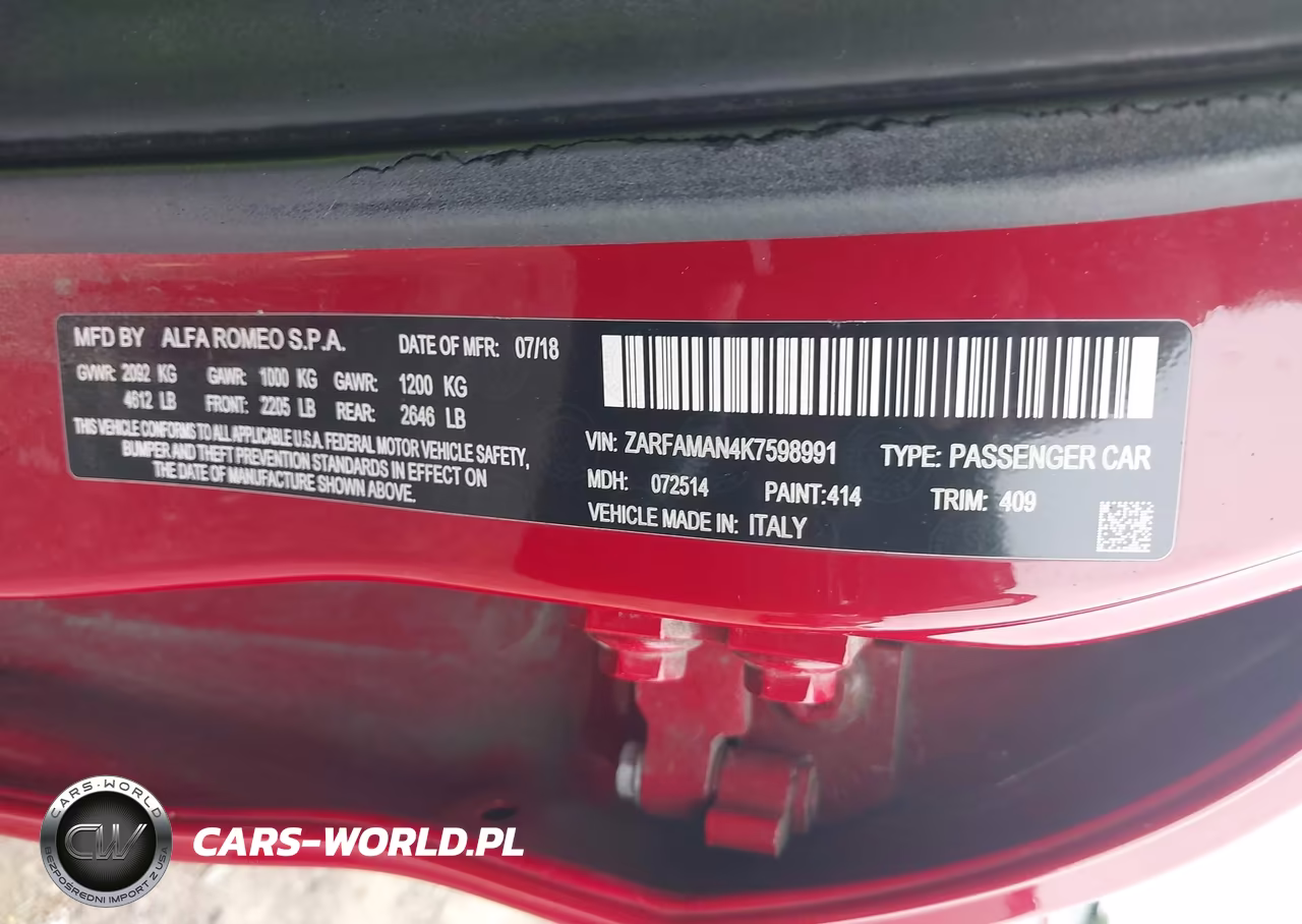 2019 Alfa Romeo Giulia Sport Rwd VIN:ZARFAMAN4K7598991 - 9
