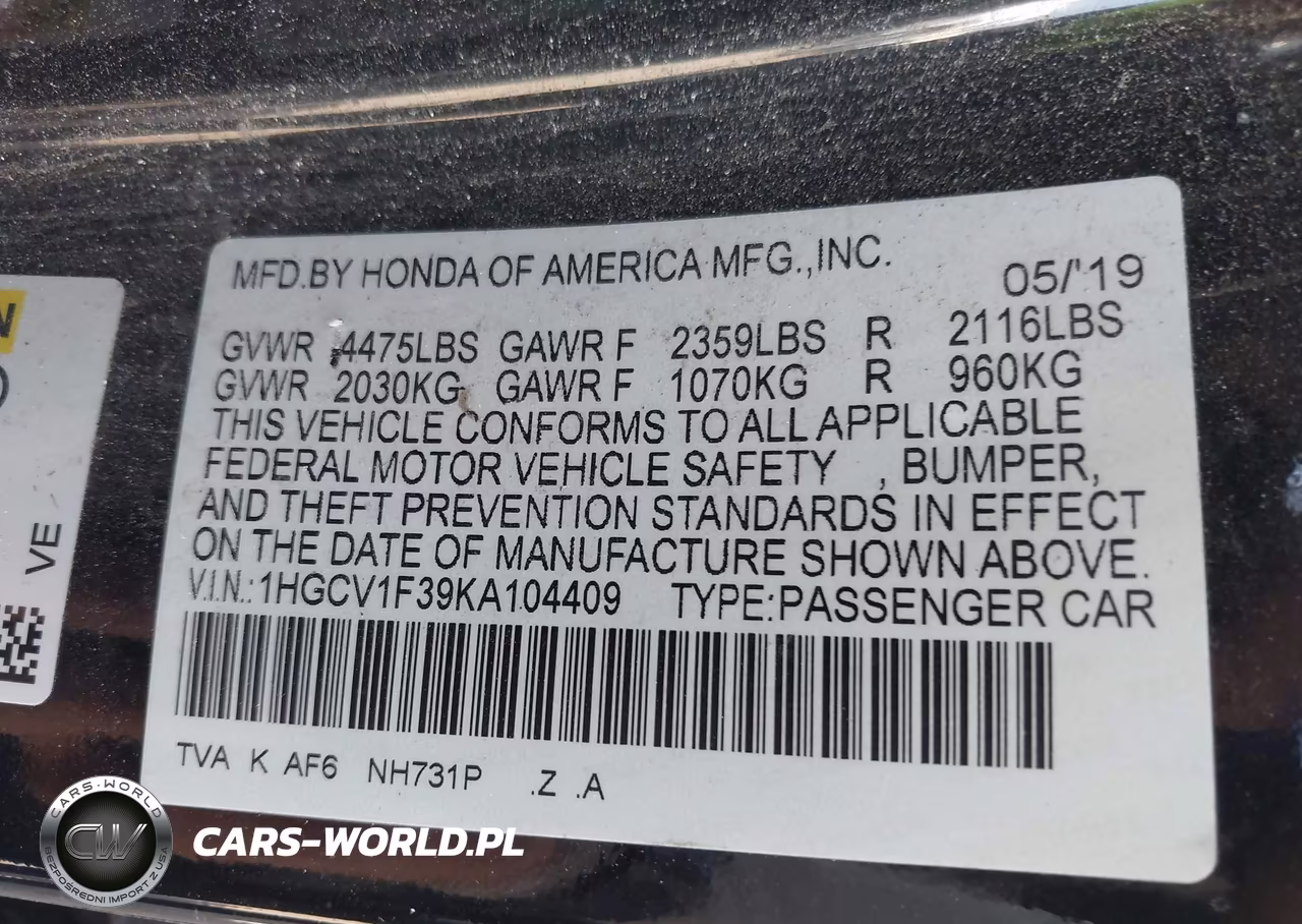 2019 Honda Accord Sport VIN:1HGCV1F39KA104409 - 9