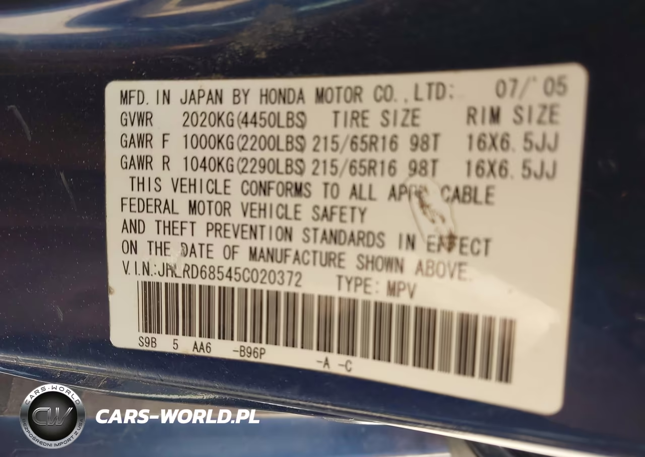 2005 Honda Cr-V Lx VIN:JHLRD68545C020372 - 9