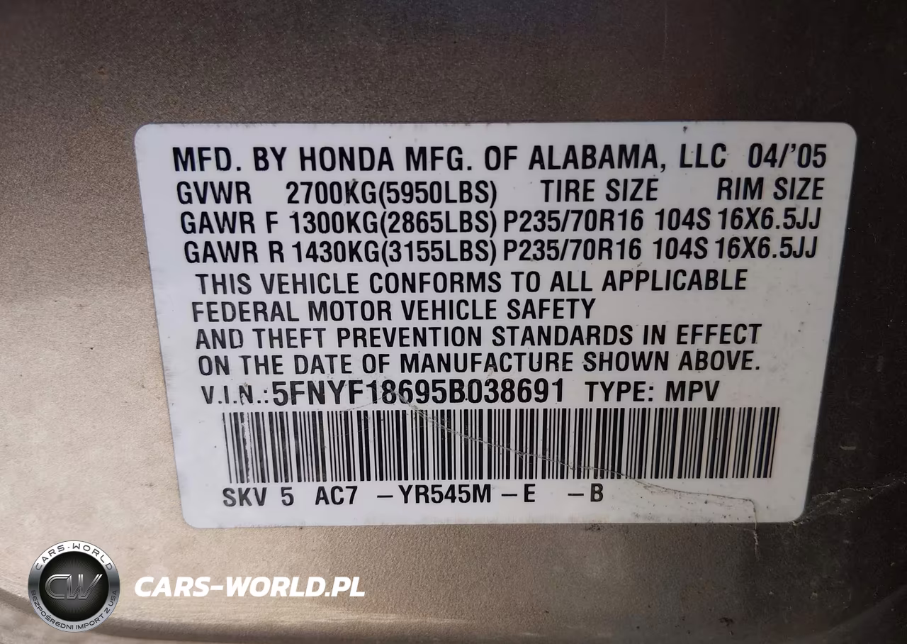 2005 Honda Pilot Ex-L VIN:5FNYF18695B038691 - 9