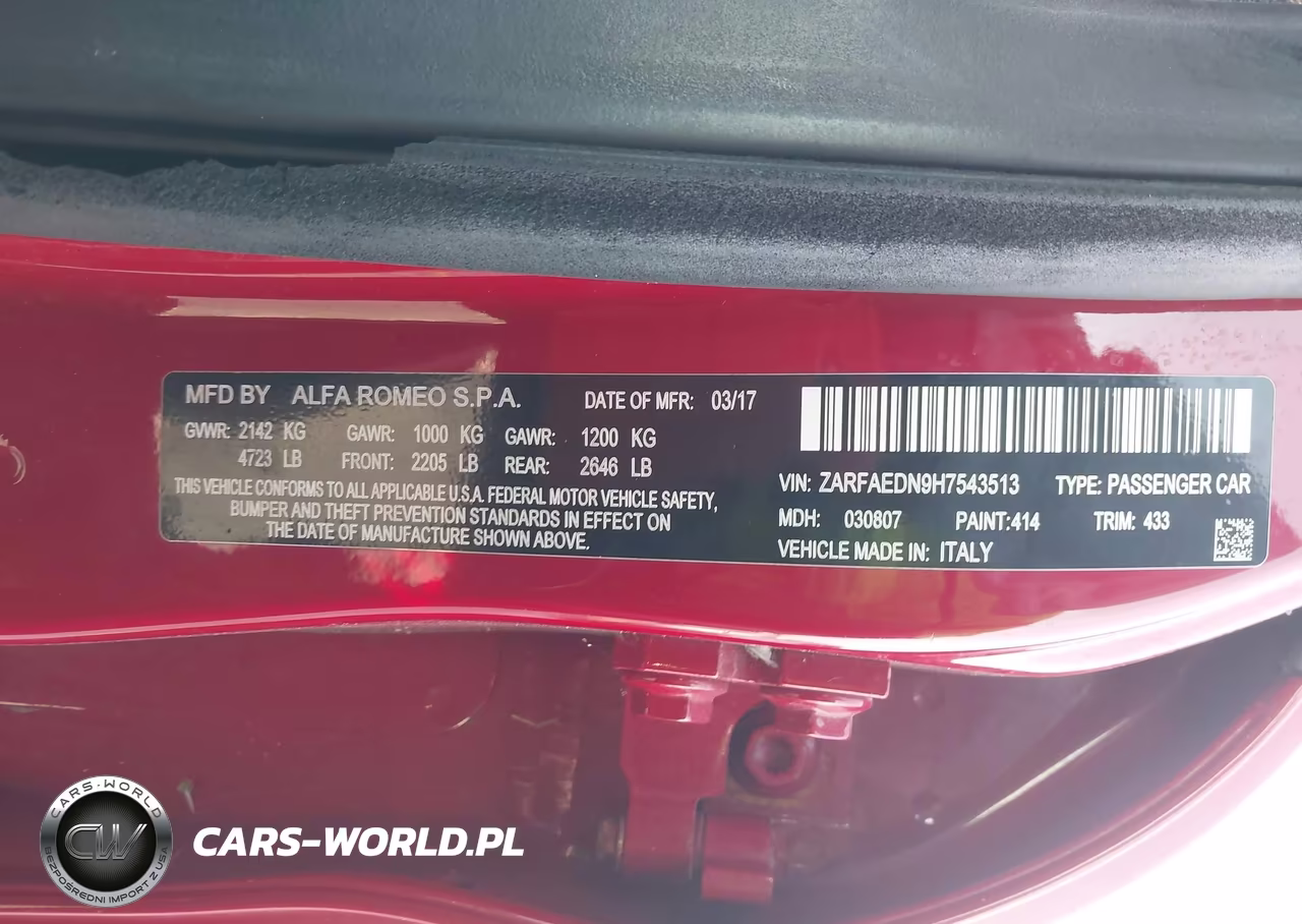 2017 Alfa Romeo Giulia Awd VIN:ZARFAEDN9H7543513 - 9