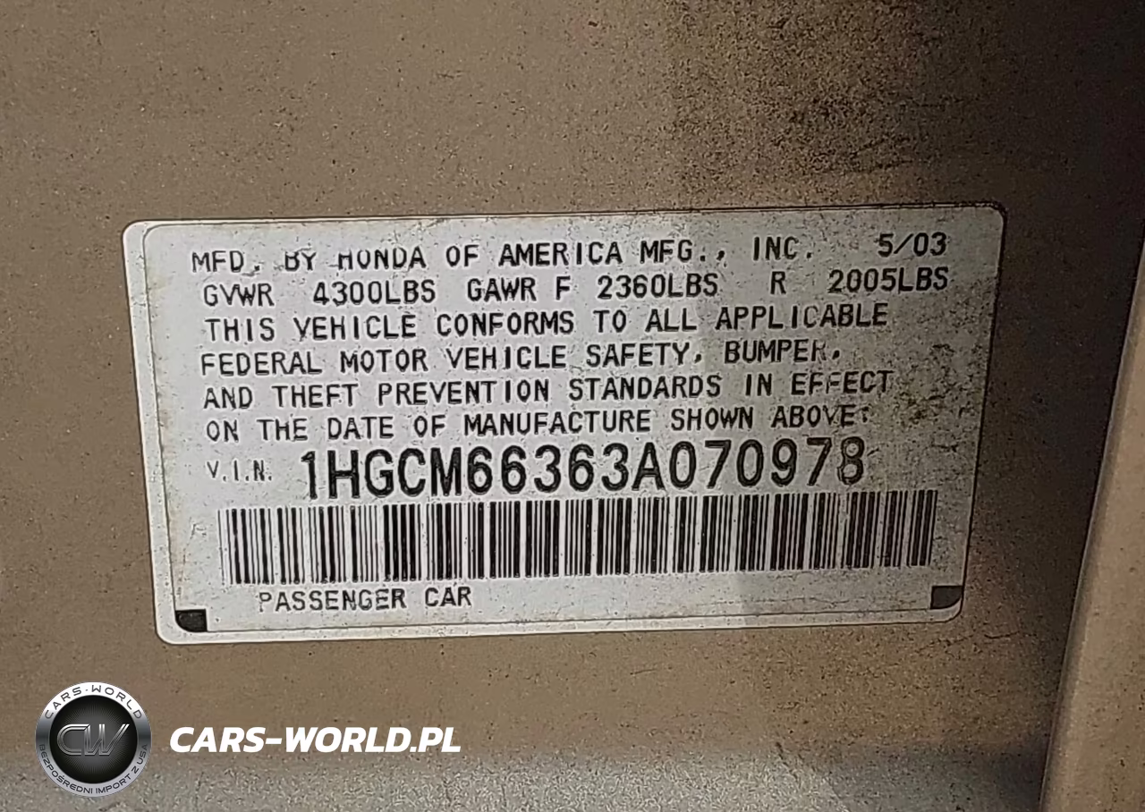 2003 Honda Accord 3.0 Lx VIN:1HGCM66363A070978 - 9