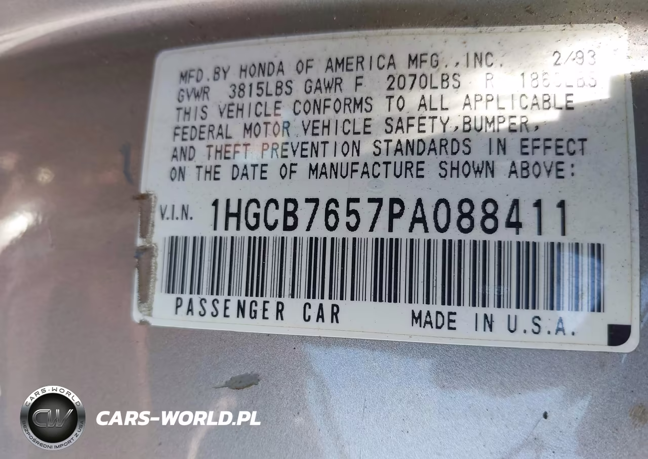 1993 Honda Accord Lx VIN:1HGCB7657PA088411 - 9