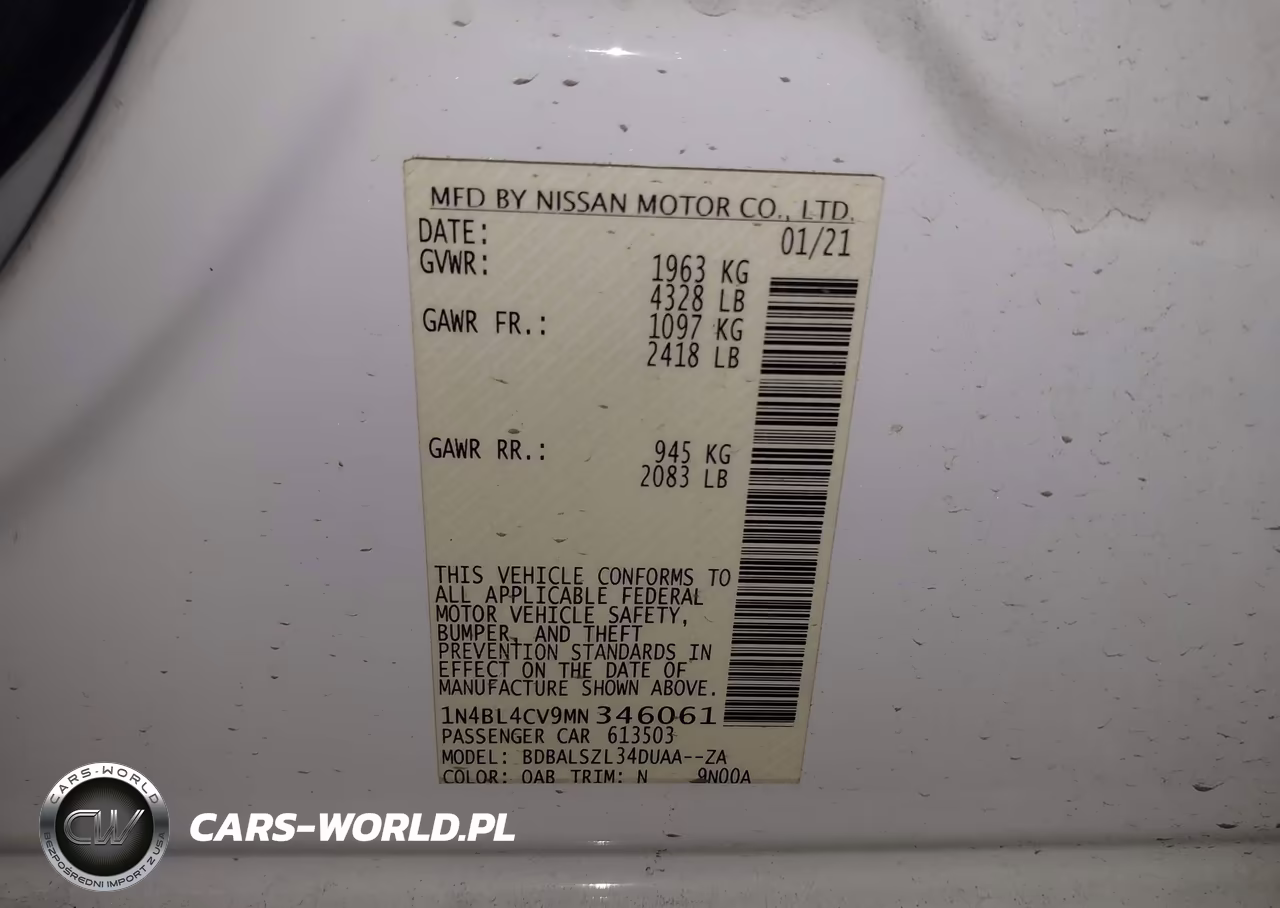 2021 Nissan Altima Sr Fwd VIN:1N4BL4CV9MN346061 - 9