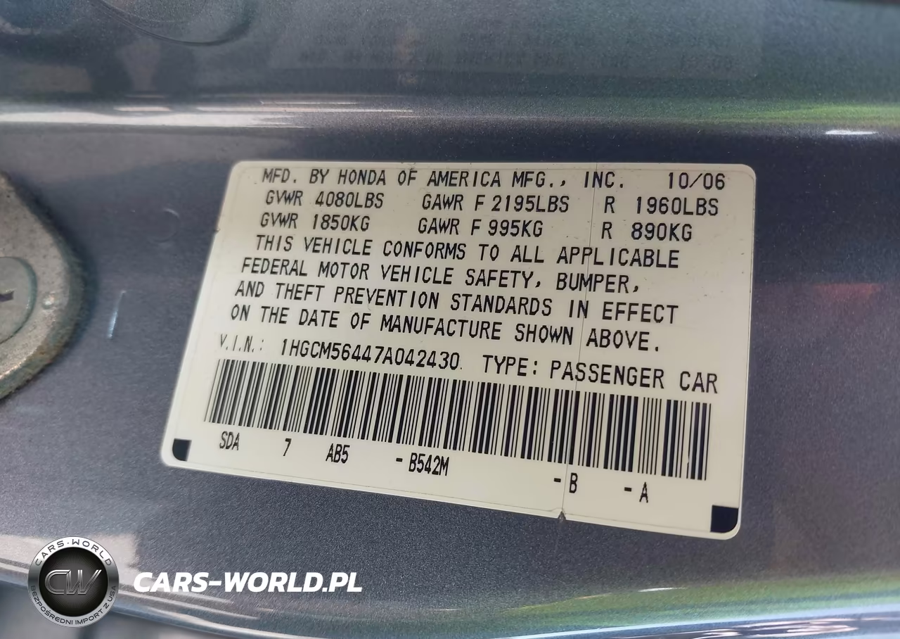 2007 Honda Accord 2.4 Lx VIN:1HGCM56447A042430 - 9