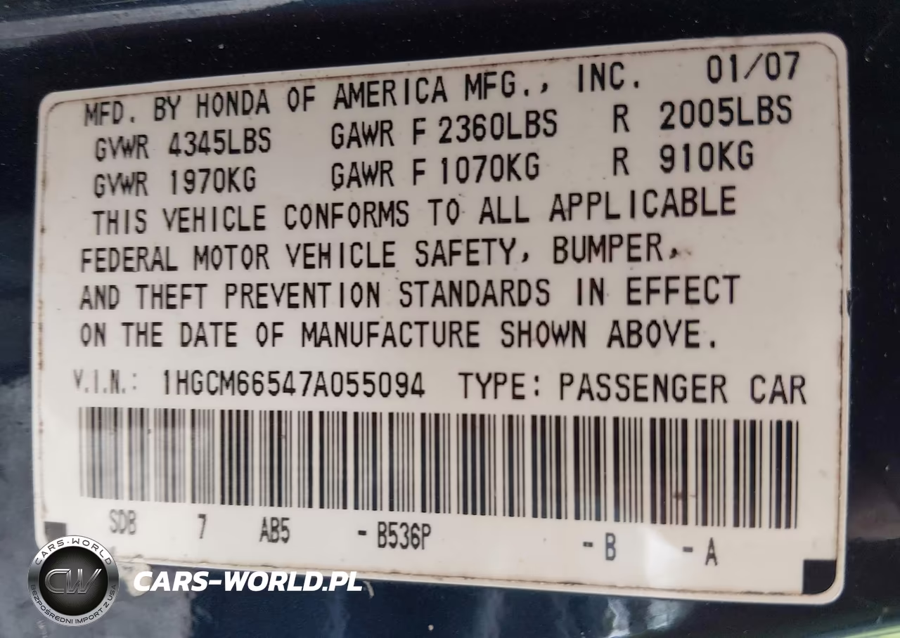 2007 Honda Accord 3.0 Ex VIN:1HGCM66547A055094 - 9