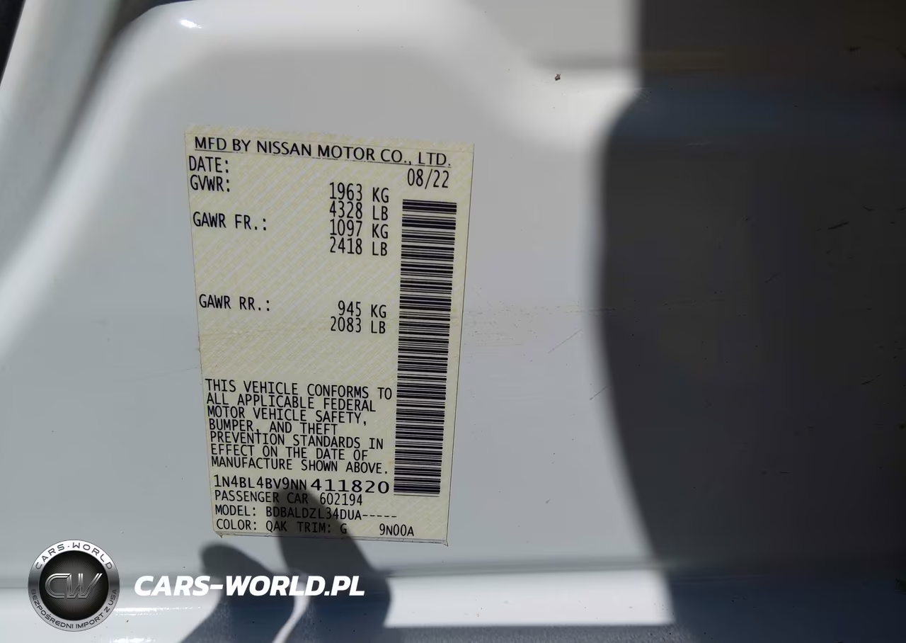 2022 Nissan Altima S Fwd VIN:1N4BL4BV9NN411820 - 9