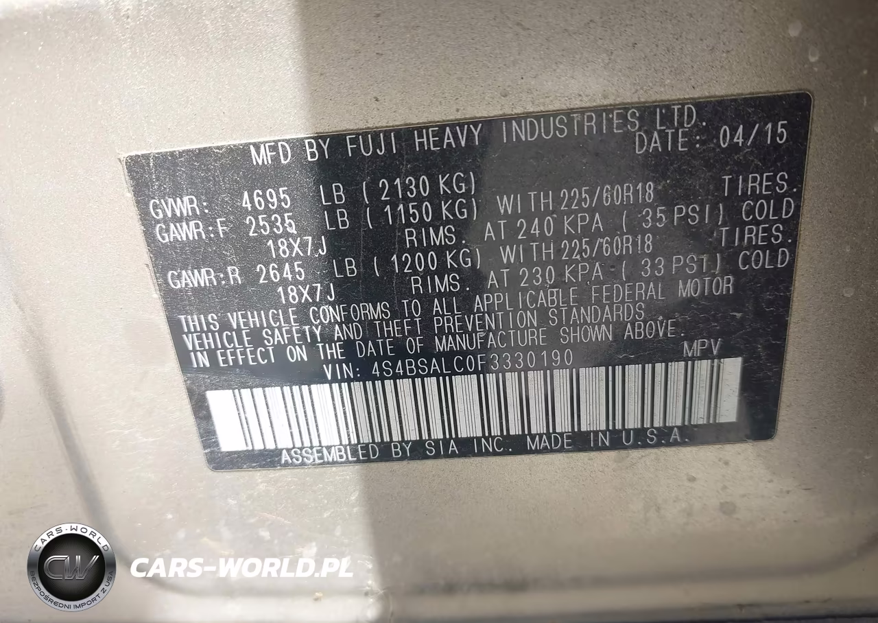 2015 Subaru Outback 2.5I Limited VIN:4S4BSALC0F3330190 - 9