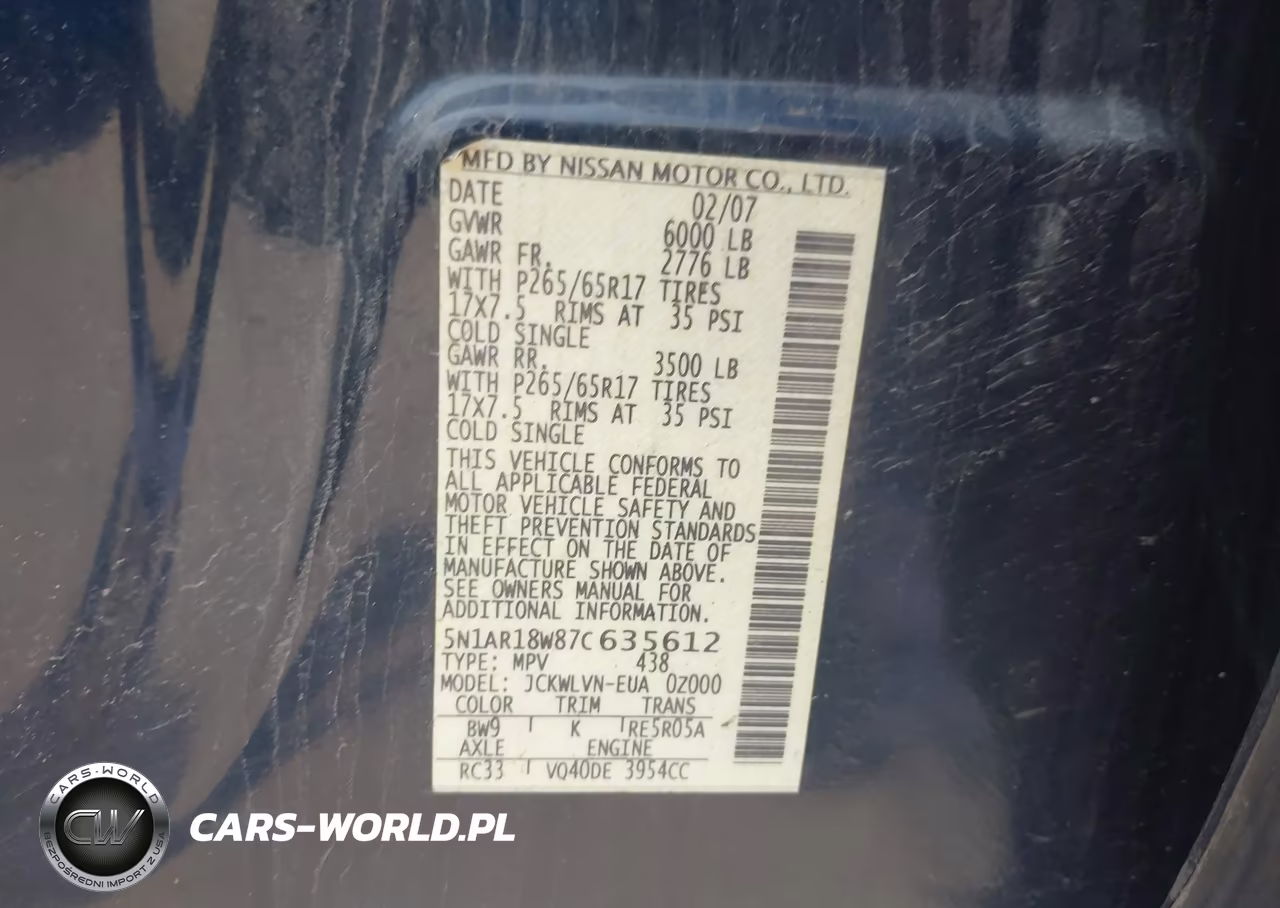 2007 Nissan Pathfinder Le VIN:5N1AR18W87C635612 - 9