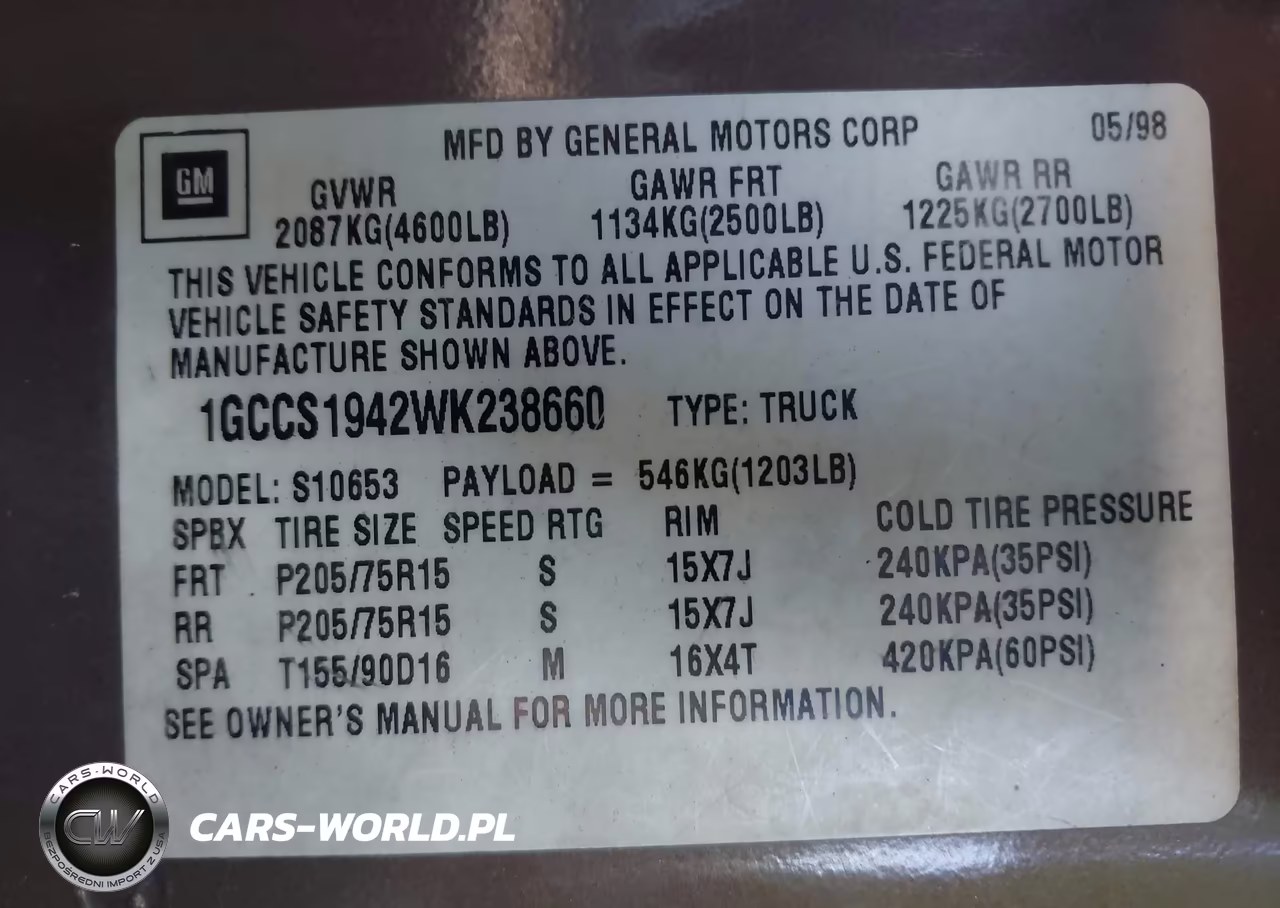 1998 Chevrolet S-10 Ls VIN:1GCCS1942WK238660 - 9