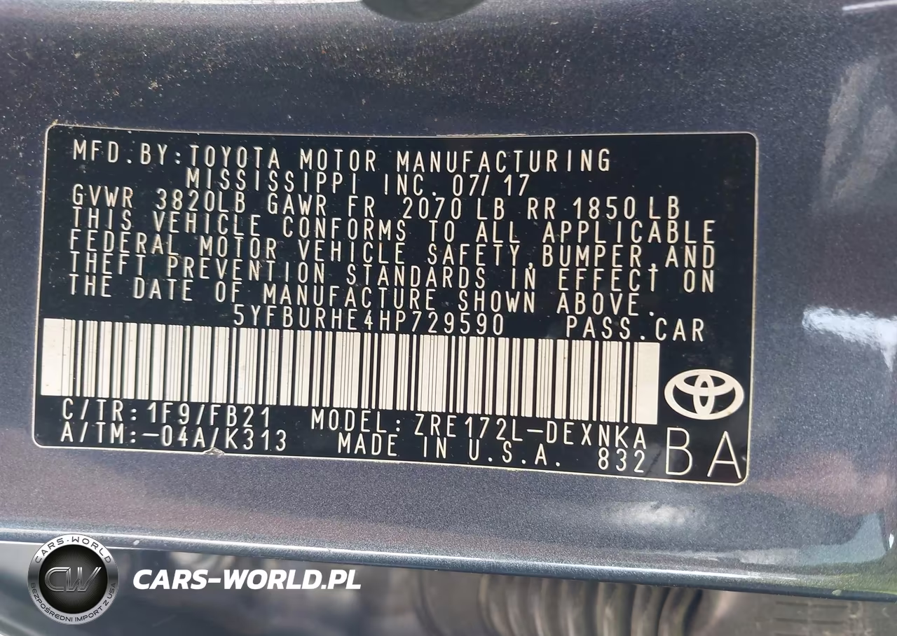 2017 Toyota Corolla Le VIN:5YFBURHE4HP729590 - 9