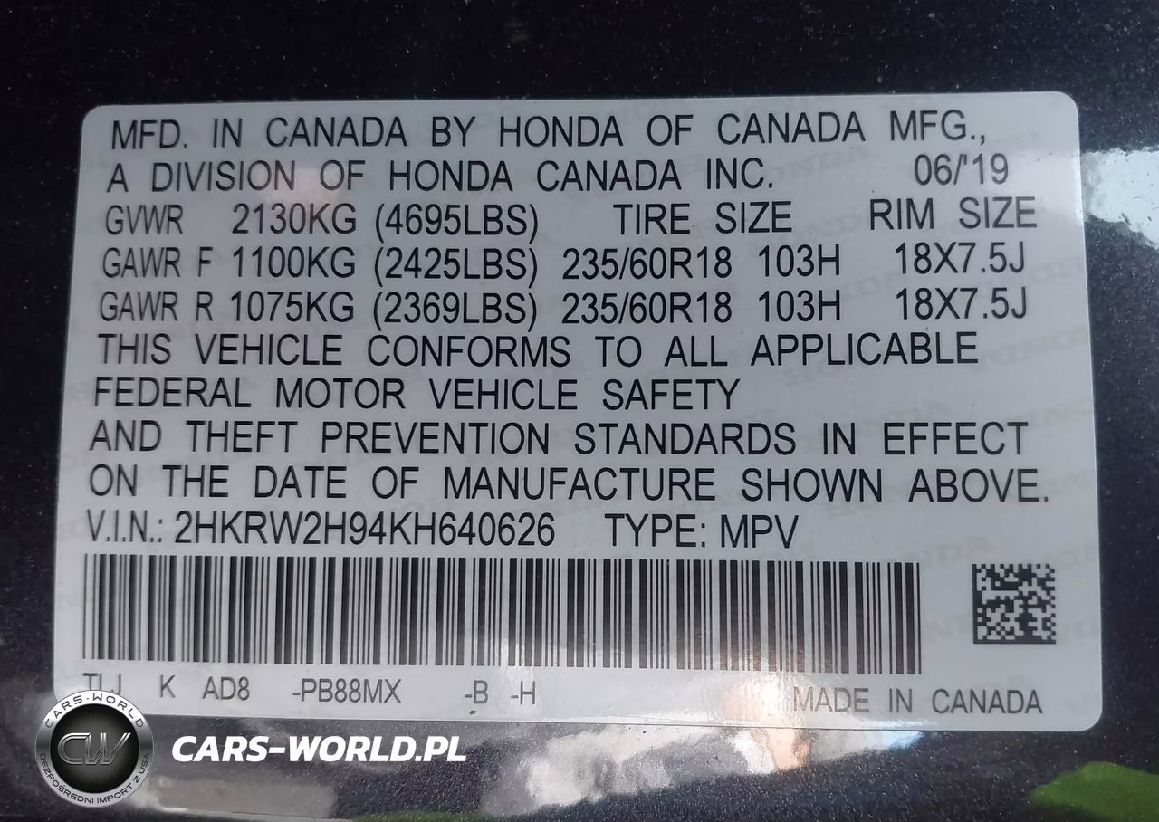 2019 Honda Cr-V Touring VIN:2HKRW2H94KH640626 - 9