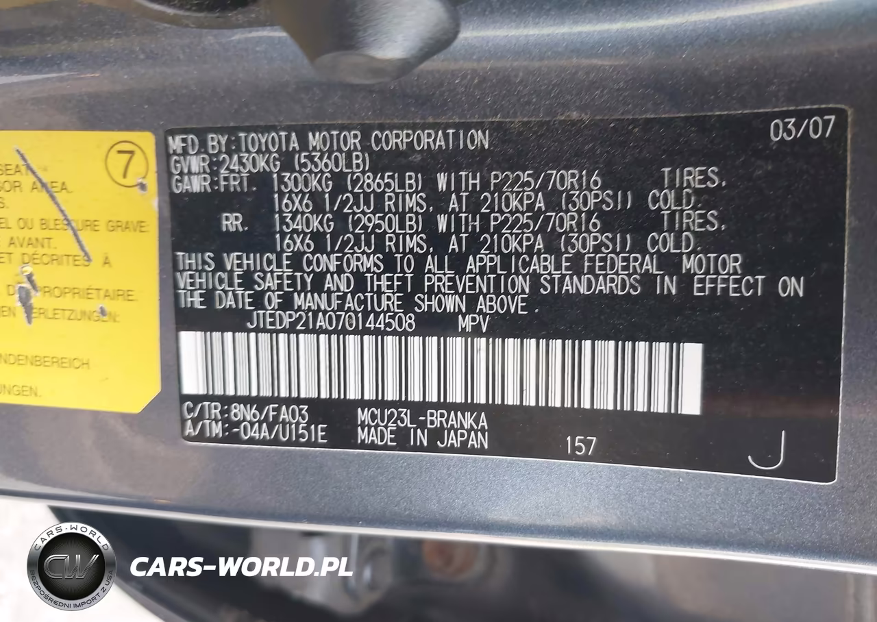2007 Toyota Highlander 3Rd Row VIN:JTEDP21A070144508 - 9