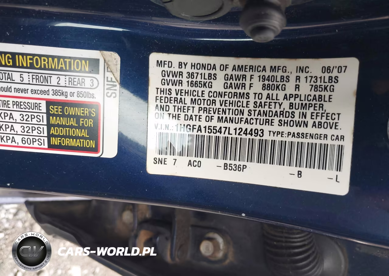 2007 Honda Civic Lx VIN:1HGFA15547L124493 - 9