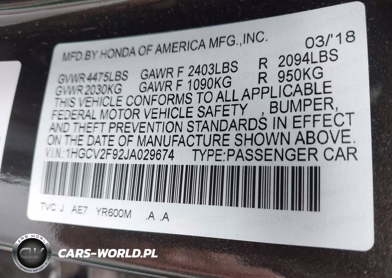 2018 Honda Accord Touring 2.0T VIN:1HGCV2F92JA029674 - 9