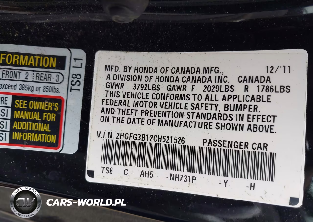 2012 Honda Civic Ex-L VIN:2HGFG3B12CH521526 - 9