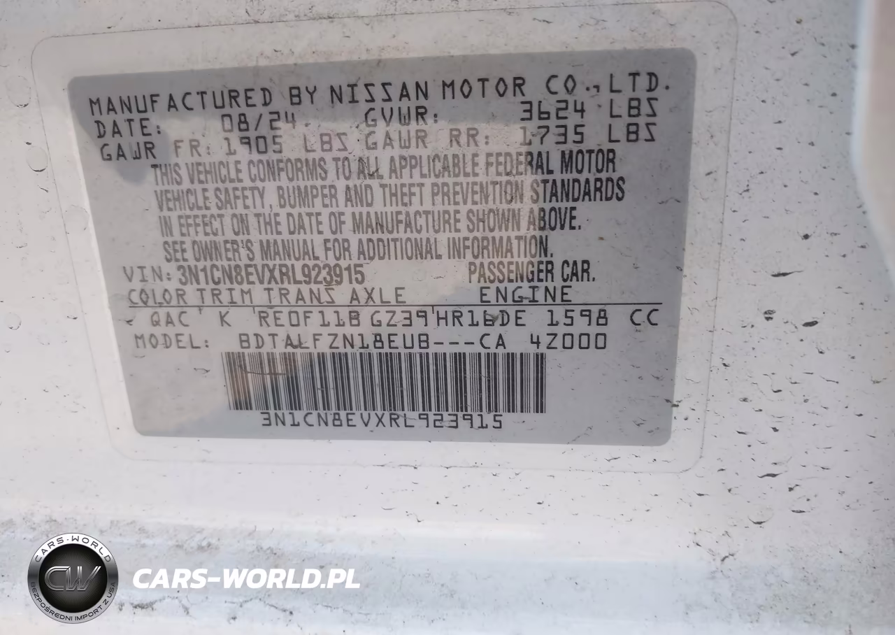 2024 Nissan Versa 1.6 Sv VIN:3N1CN8EVXRL923915 - 8