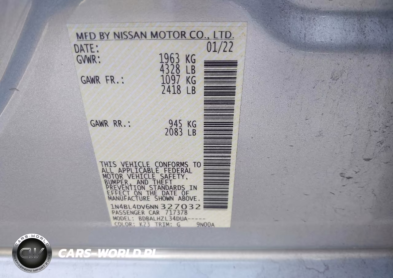2022 Nissan Altima Sv Fwd VIN:1N4BL4DV6NN327032 - 9