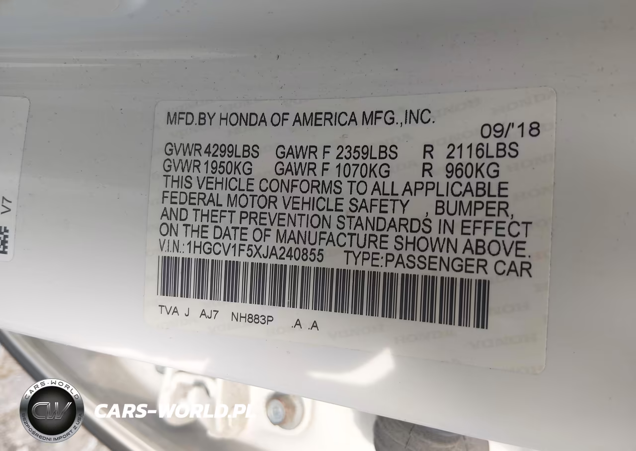 2018 Honda Accord Ex-L VIN:1HGCV1F5XJA240855 - 9