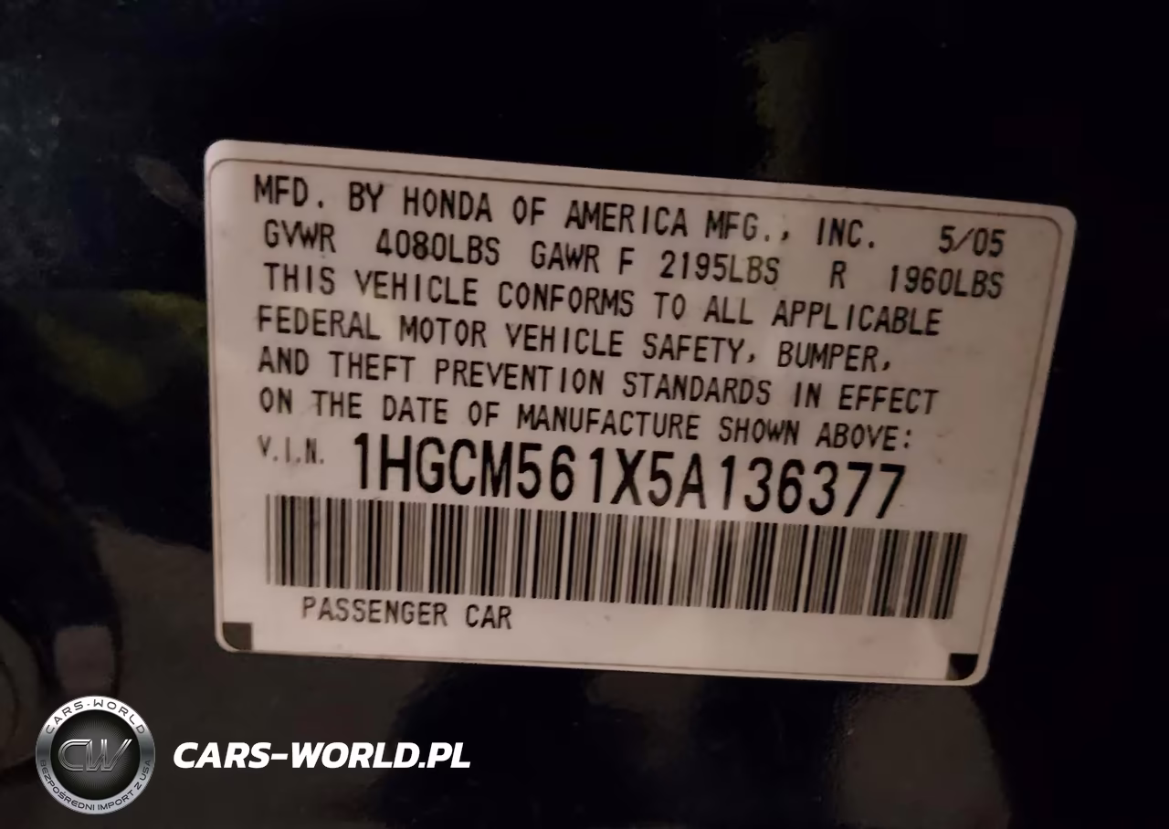 2005 Honda Accord 2.4 Dx VIN:1HGCM561X5A136377 - 9