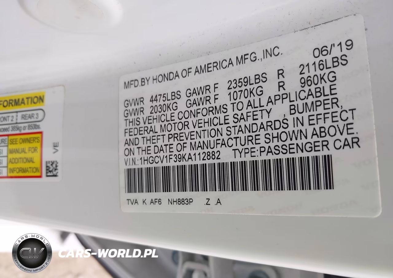 2019 Honda Accord Sport VIN:1HGCV1F39KA112882 - 9