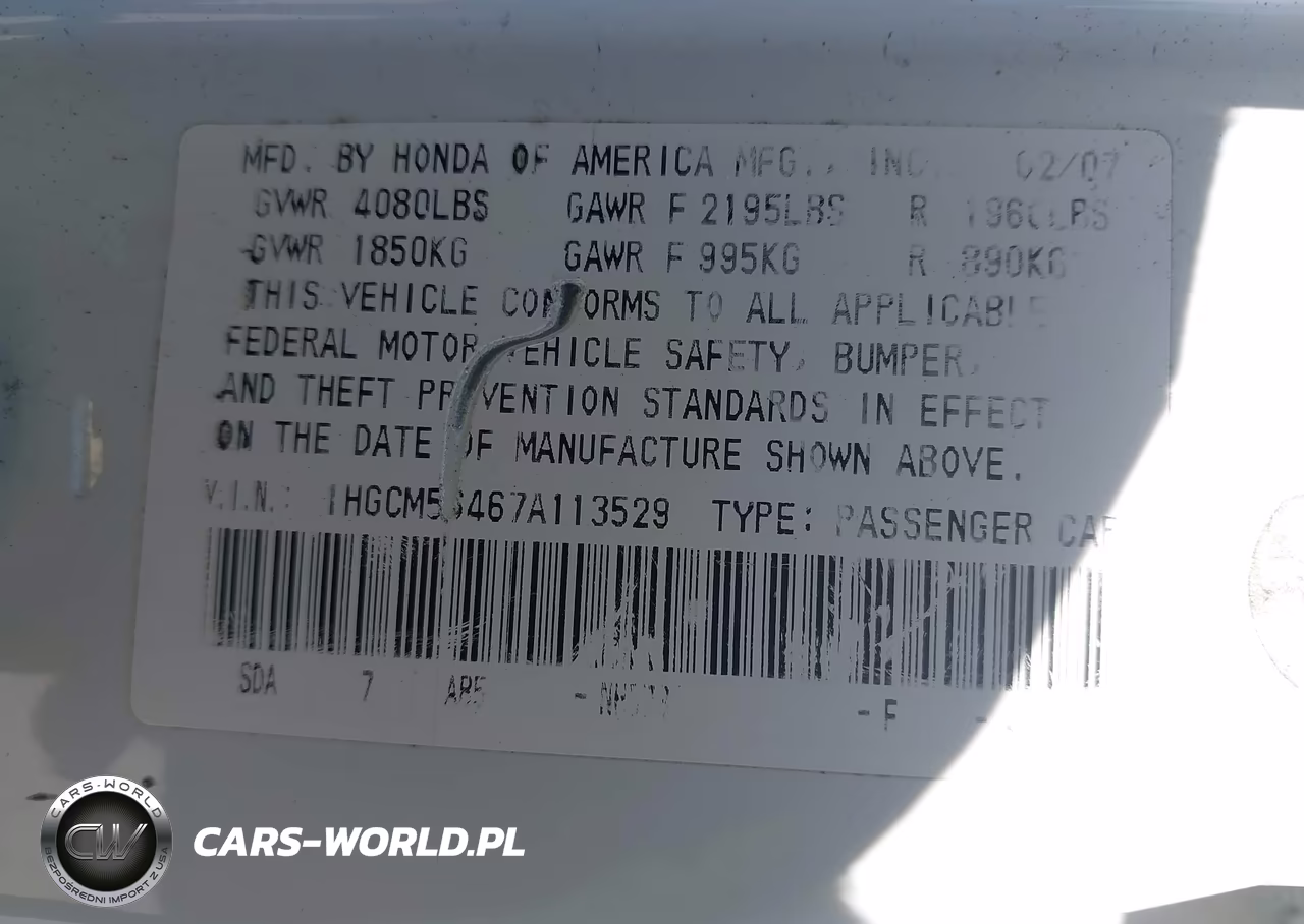 2007 Honda Accord 2.4 Lx VIN:1HGCM56467A113529 - 9