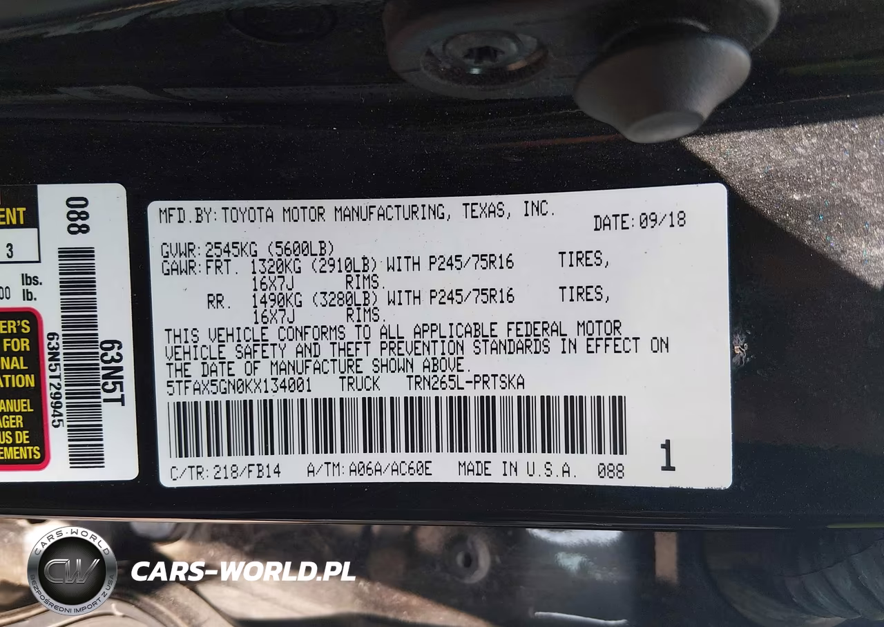 2019 Toyota Tacoma Sr VIN:5TFAX5GN0KX134001 - 9