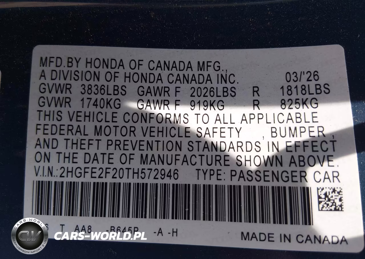 2026 Honda Civic Lx VIN:2HGFE2F20TH572946 - 9
