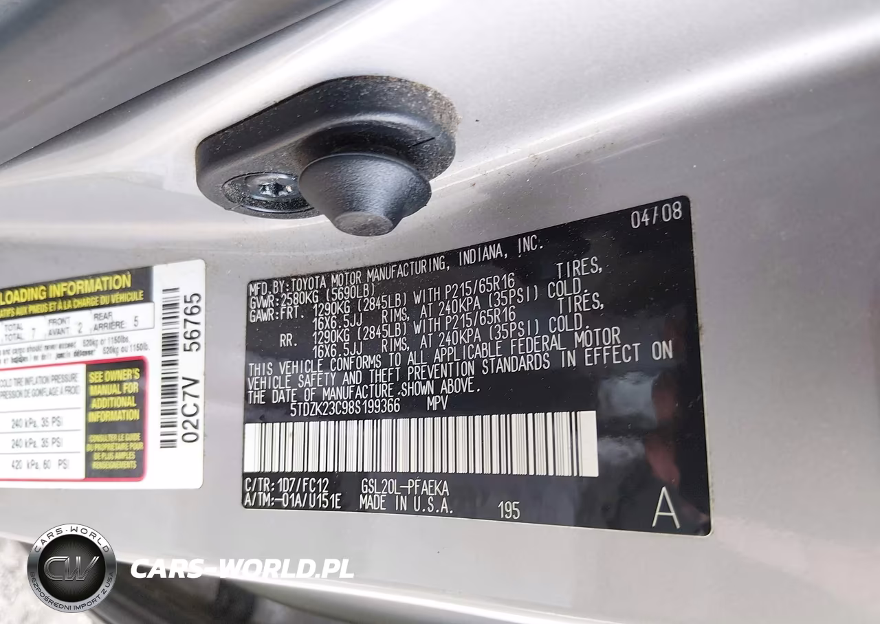 2008 Toyota Sienna Le VIN:5TDZK23C98S199366 - 9