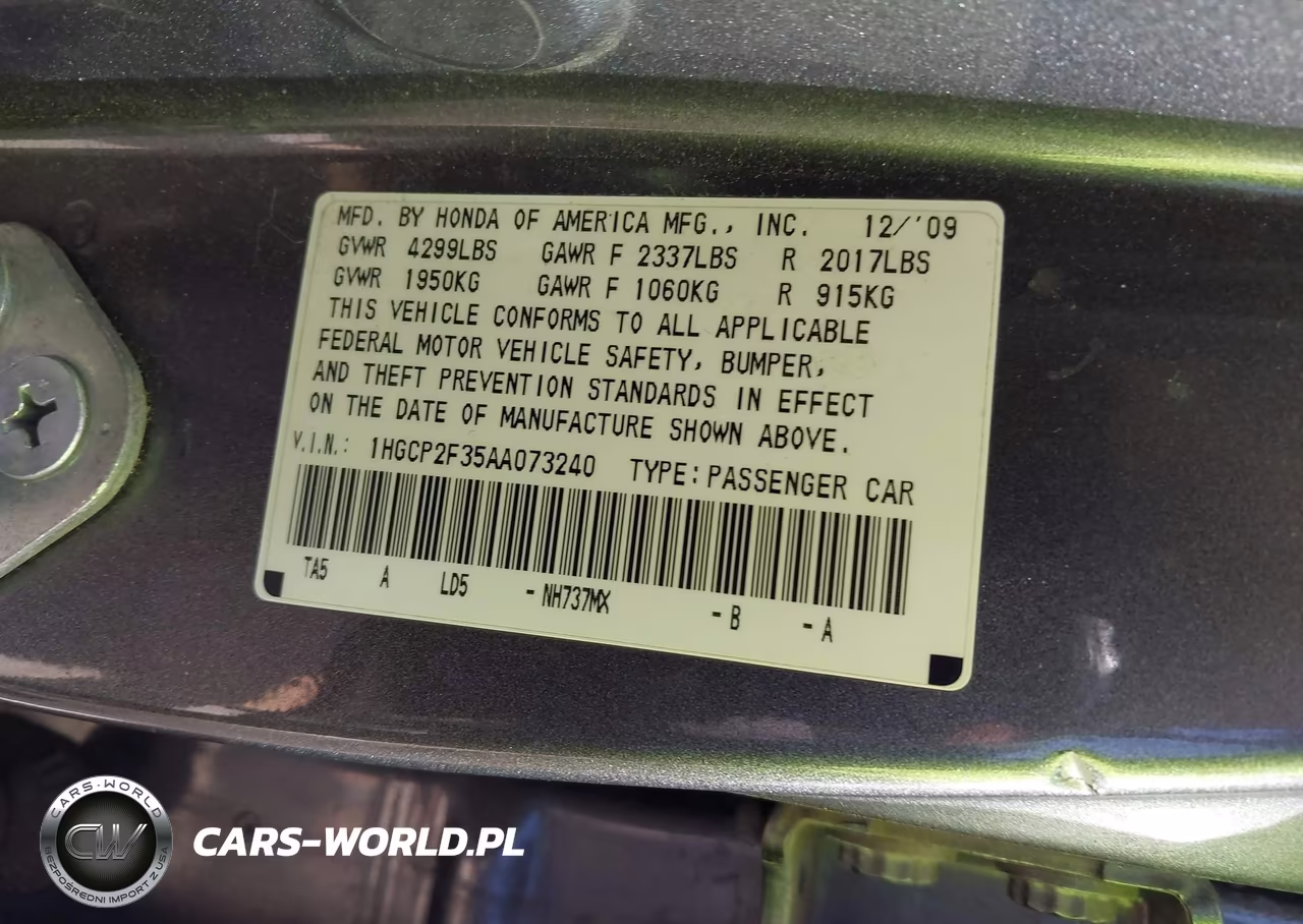 2010 Honda Accord 2.4 Lx VIN:1HGCP2F35AA073240 - 9
