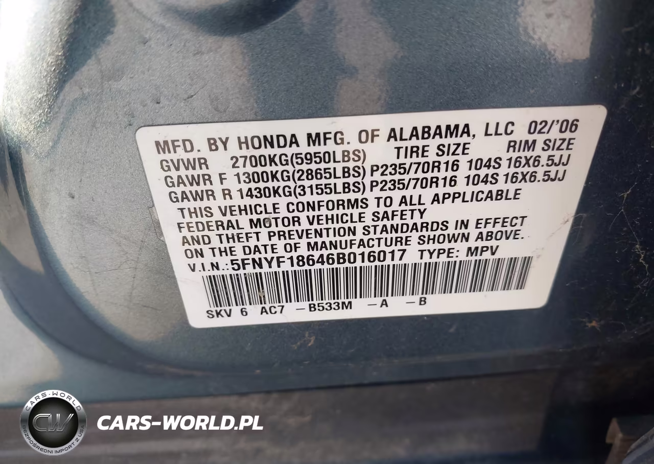 2006 Honda Pilot Ex-L VIN:5FNYF18646B016017 - 9