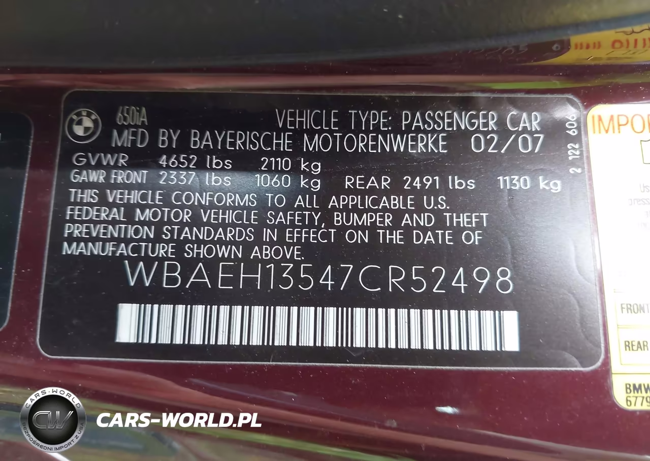 2007 BMW 650I VIN:WBAEH13547CR52498 - 9