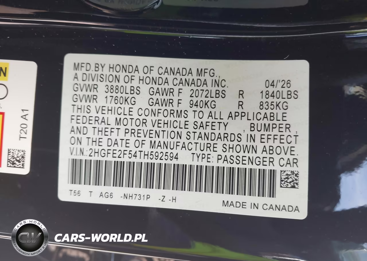 2026 Honda Civic Sport VIN:2HGFE2F54TH592594 - 9