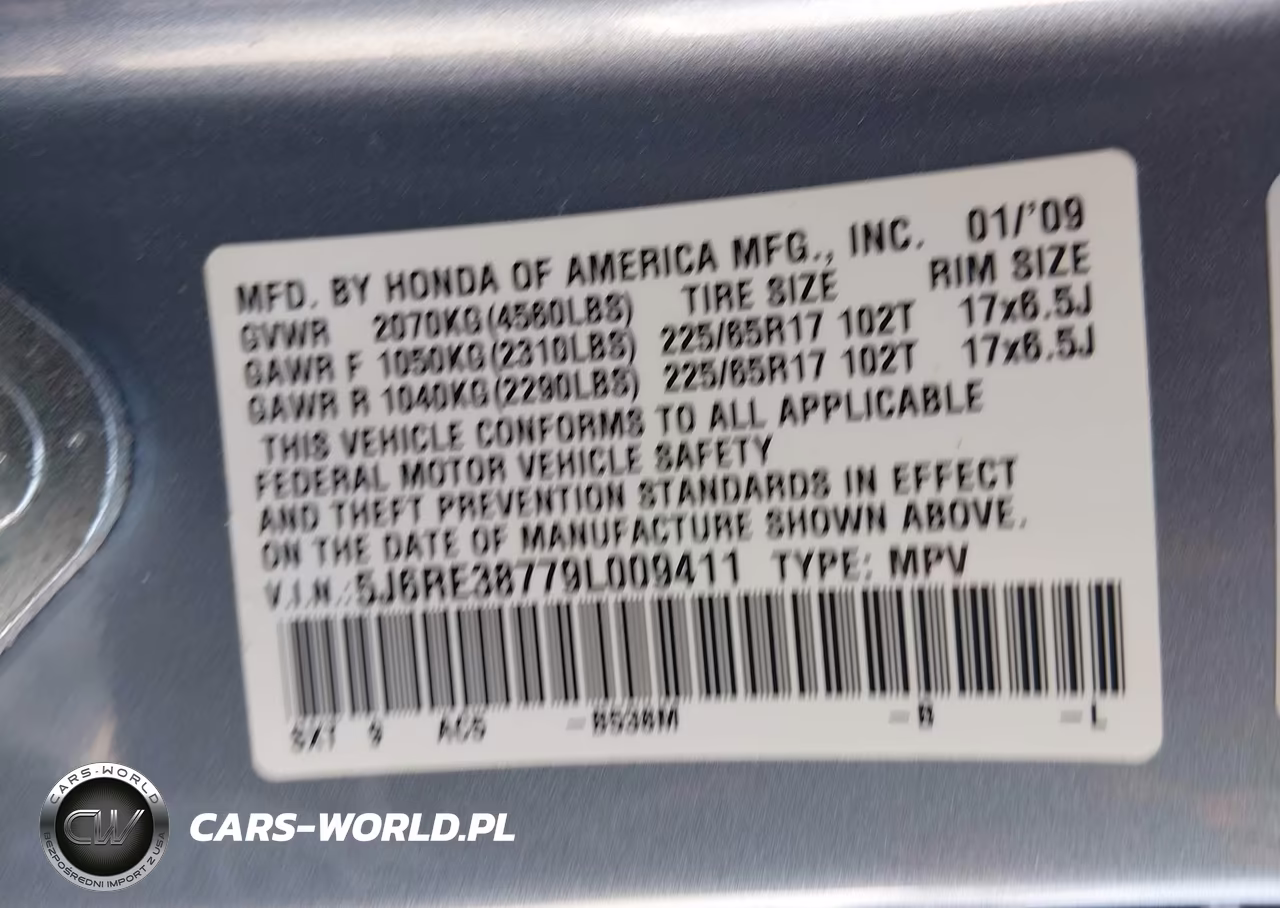 2009 Honda Cr-V Ex-L VIN:5J6RE38779L009411 - 9