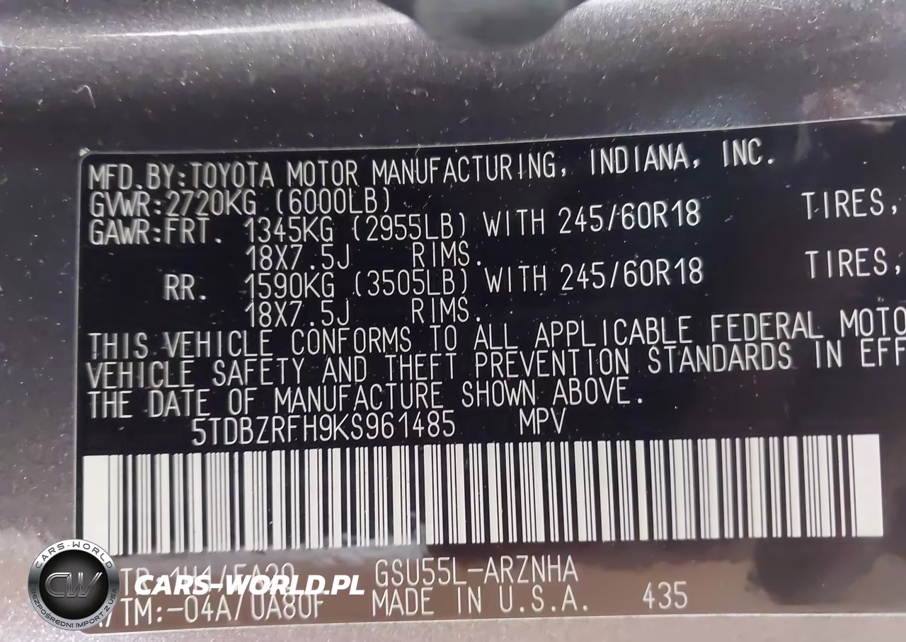 2019 Toyota Highlander Le Plus VIN:5TDBZRFH9KS961485 - 9