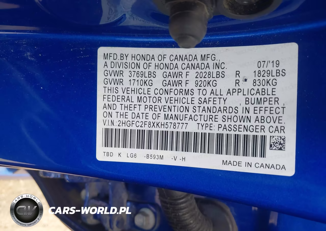 2019 Honda Civic Sport VIN:2HGFC2F8XKH578777 - 9
