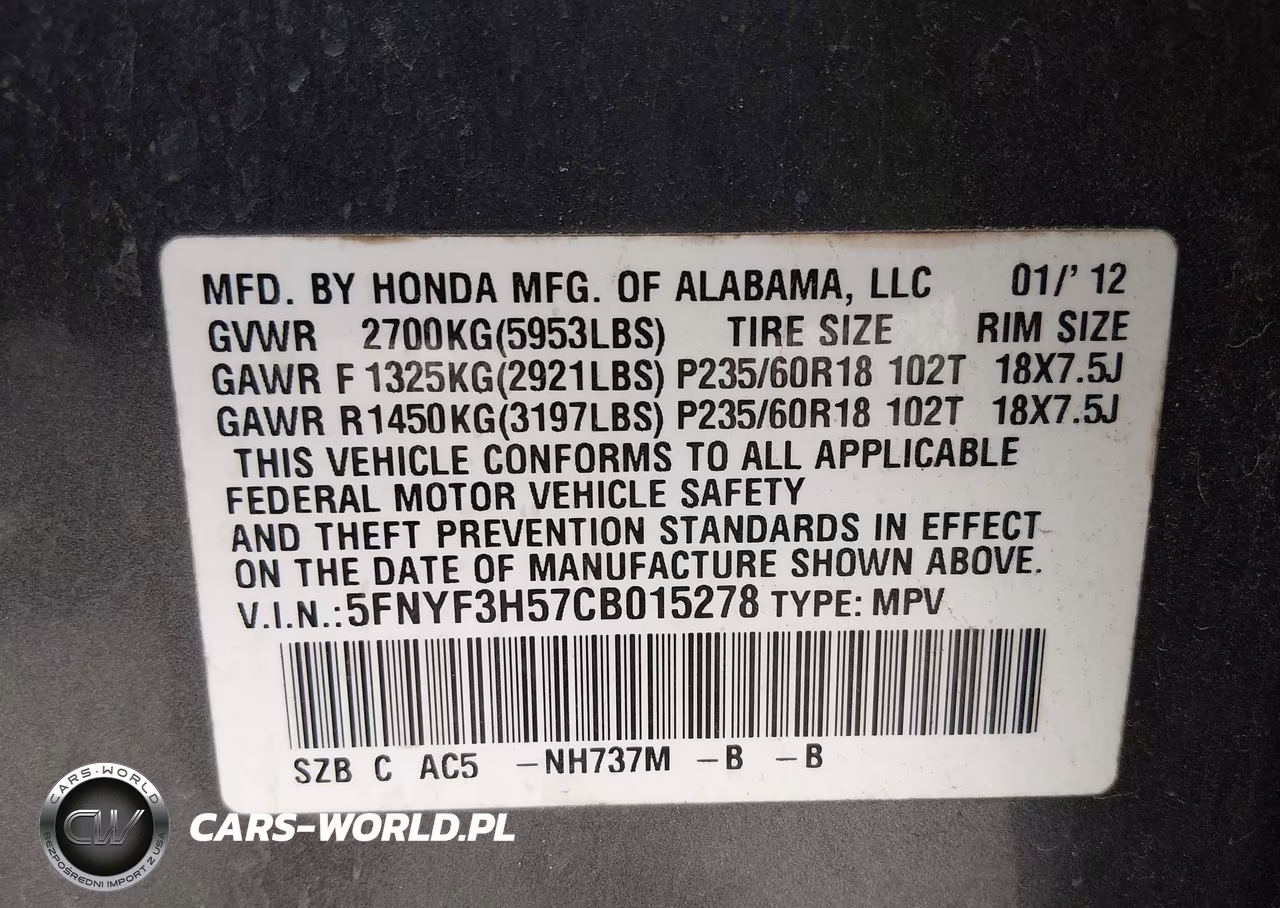 2012 Honda Pilot Ex-L VIN:5FNYF3H57CB015278 - 9