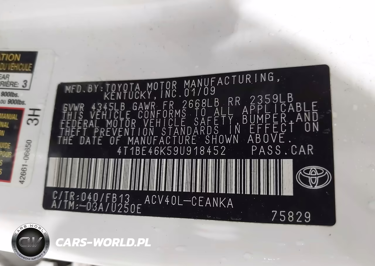 2009 Toyota Camry Le VIN:4T1BE46K59U918452 - 9