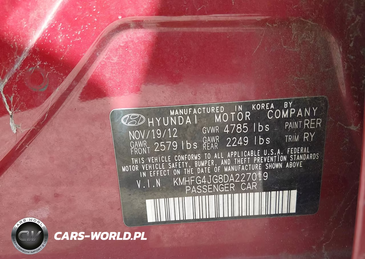 2013 Hyundai Azera VIN:KMHFG4JG8DA227019 - 9