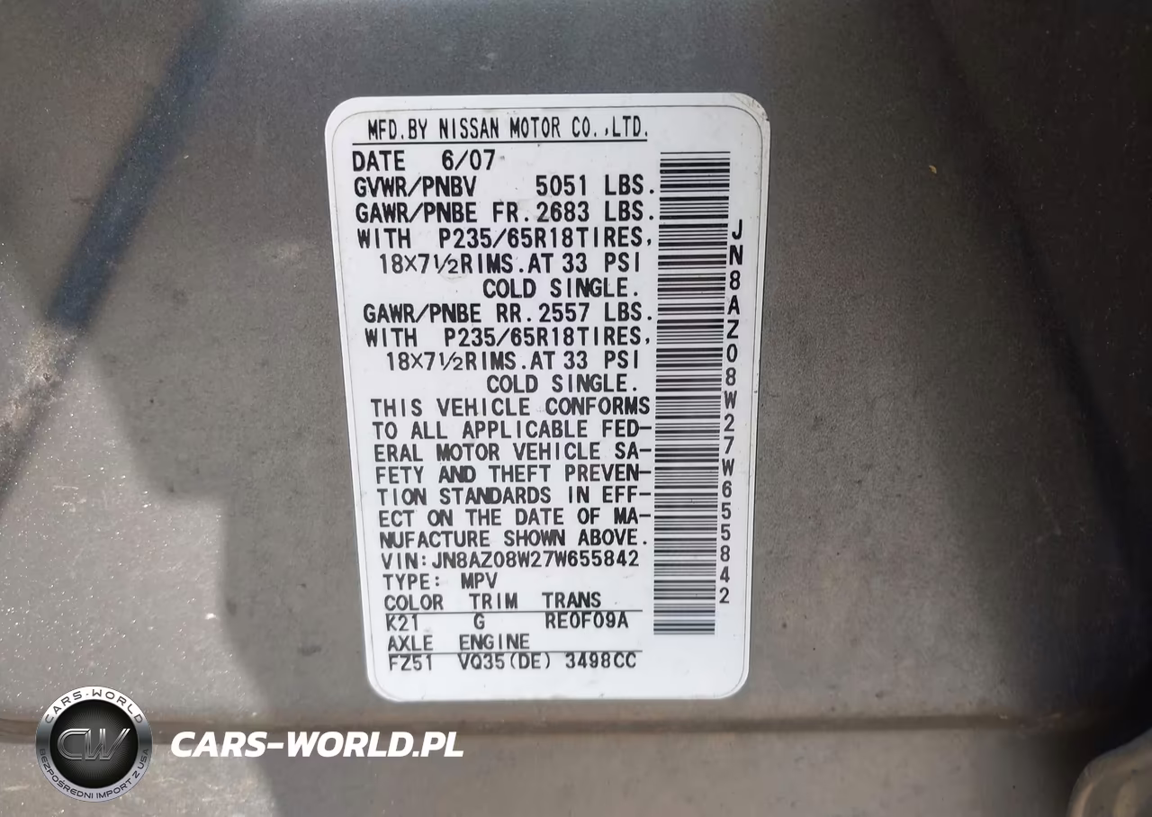 2007 Nissan Murano Sl VIN:JN8AZ08W27W655842 - 9