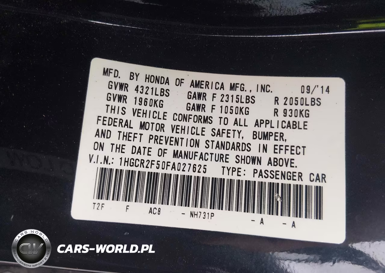 2015 Honda Accord Sport VIN:1HGCR2F50FA027625 - 9