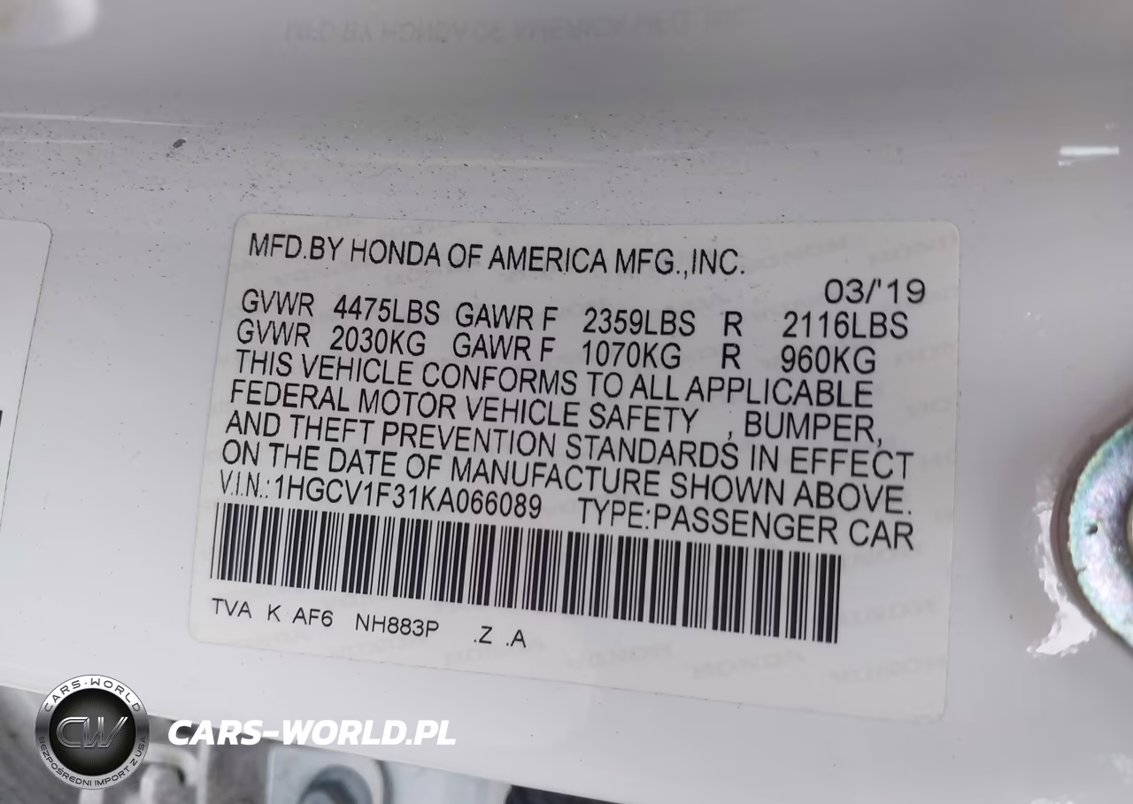 2019 Honda Accord Sport VIN:1HGCV1F31KA066089 - 9