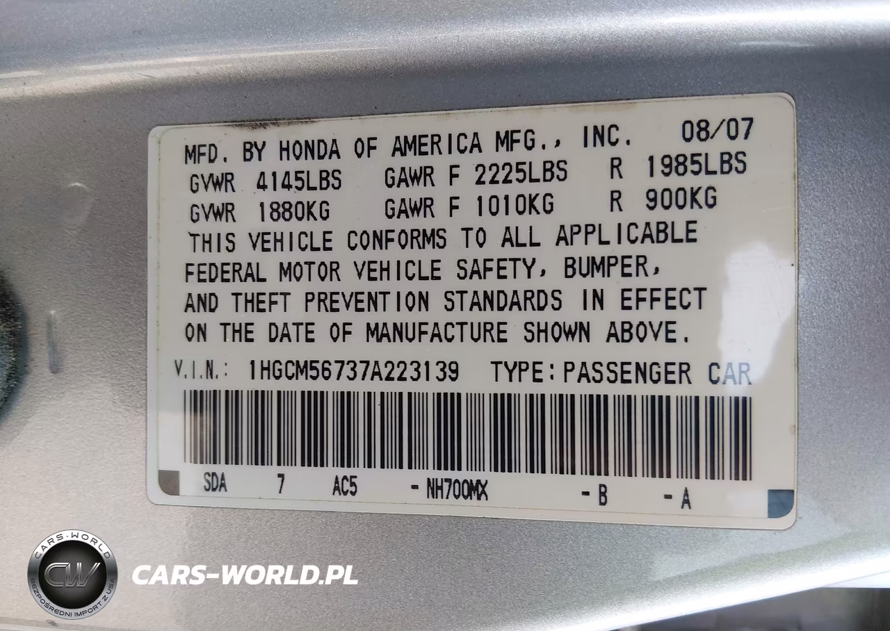 2007 Honda Accord 2.4 Ex VIN:1HGCM56737A223139 - 9