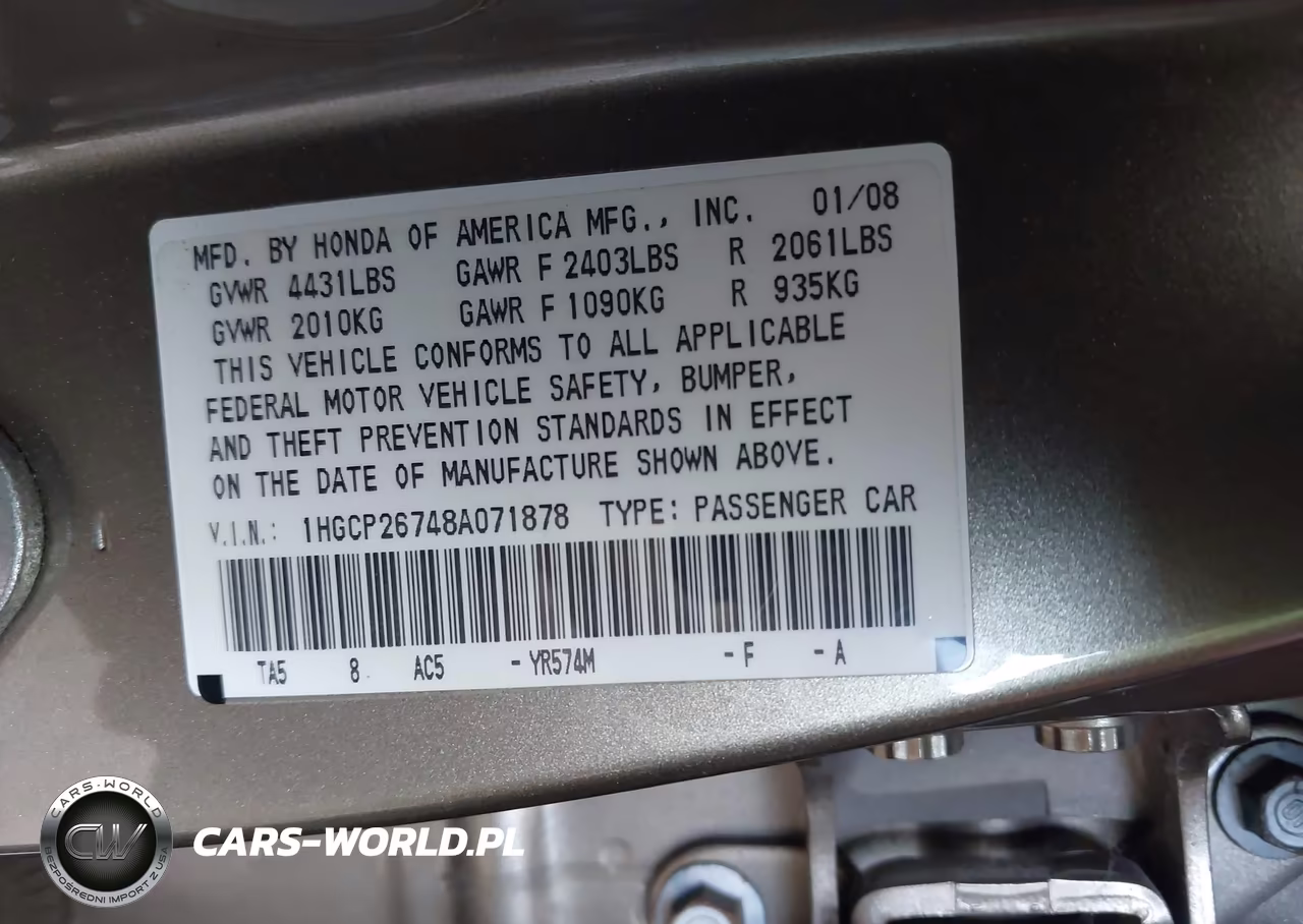 2008 Honda Accord 2.4 Ex VIN:1HGCP26748A071878 - 9