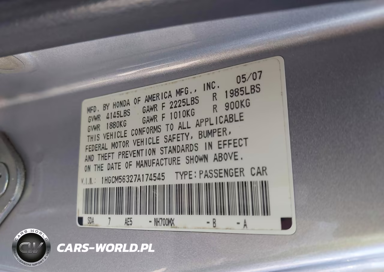 2007 Honda Accord 2.4 Se VIN:1HGCM56327A174545 - 9