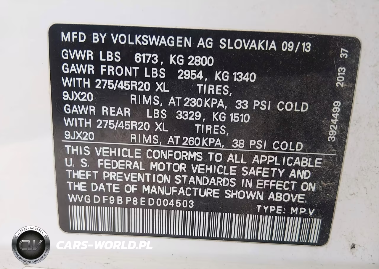 2014 Volkswagen Touareg 3.6L R-Line VIN:WVGDF9BP8ED004503 - 9