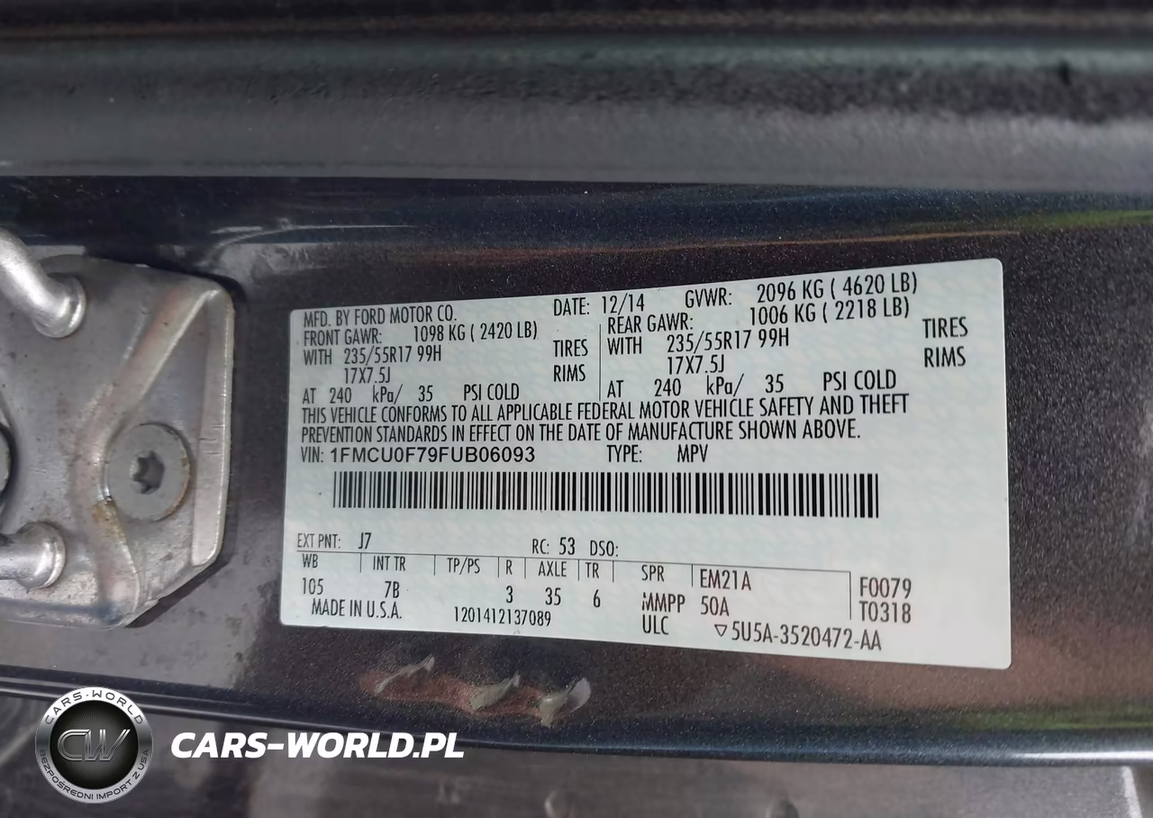 2015 Ford Escape S VIN:1FMCU0F79FUB06093 - 9