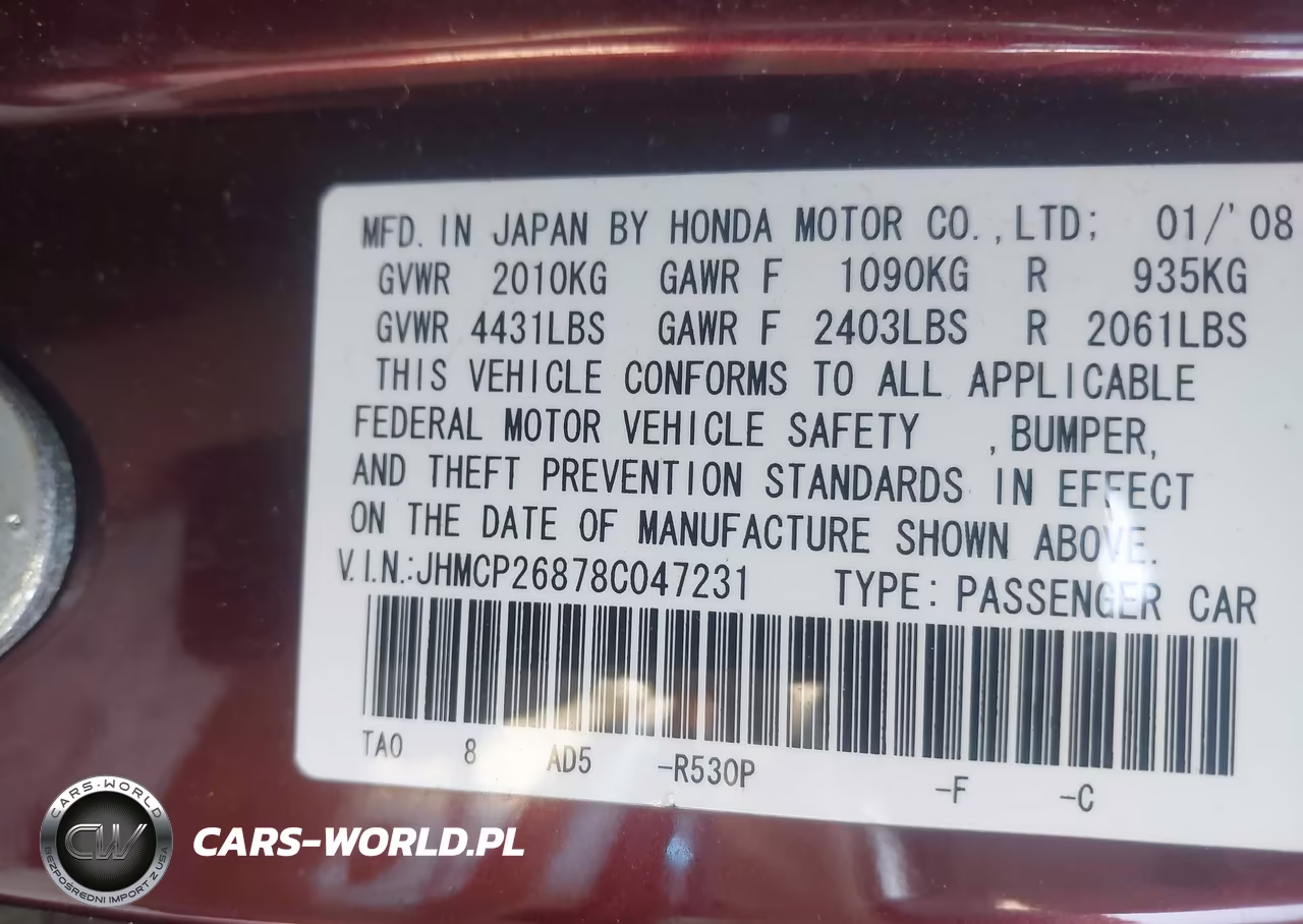 2008 Honda Accord 2.4 Ex-L VIN:JHMCP26878C047231 - 9