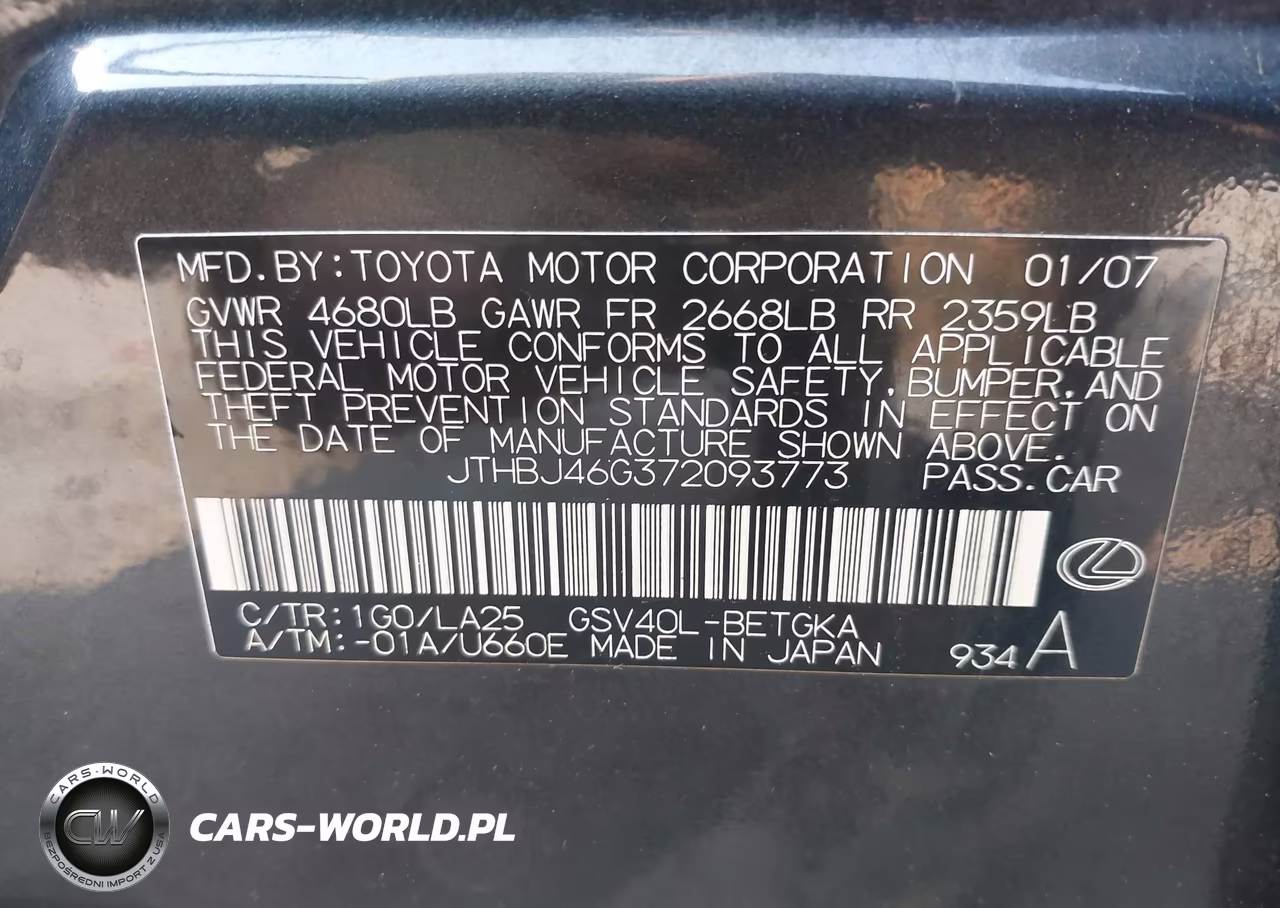 2007 Lexus Es 350 VIN:JTHBJ46G372093773 - 9