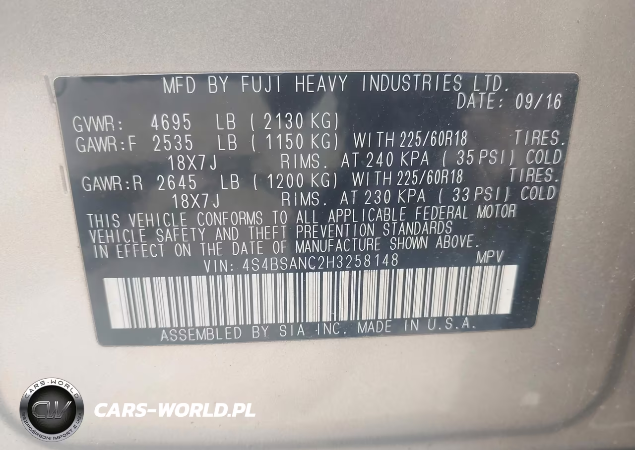 2017 Subaru Outback 2.5I Limited VIN:4S4BSANC2H3258148 - 9